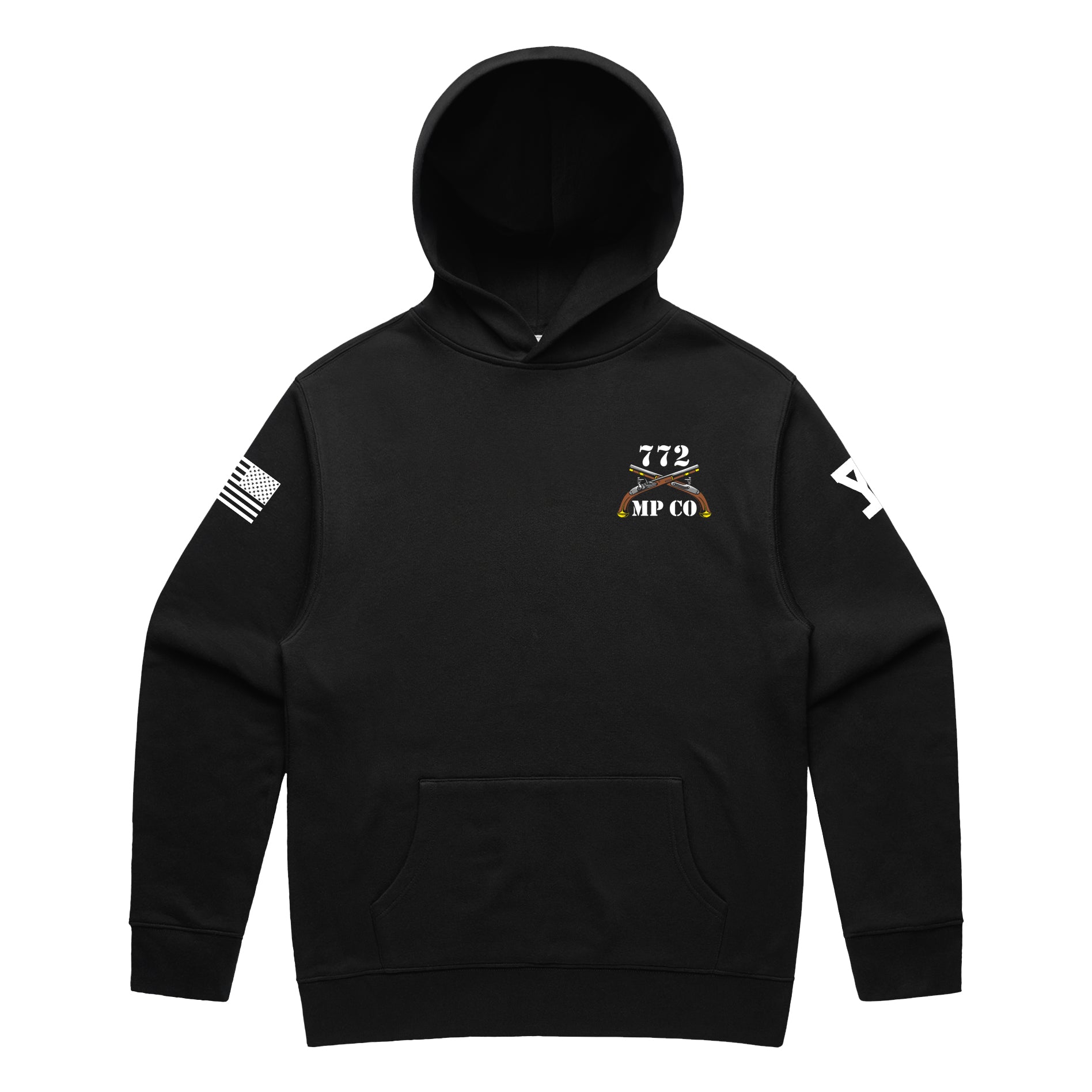Front view of a black pullover hoodie for the 772nd Military Police Company. The left chest features a white graphic with the number '772' above a blue infantry disc and crossed flintlock pistols, with 'MP CO' written at the bottom. A white American flag patch is displayed on the right sleeve