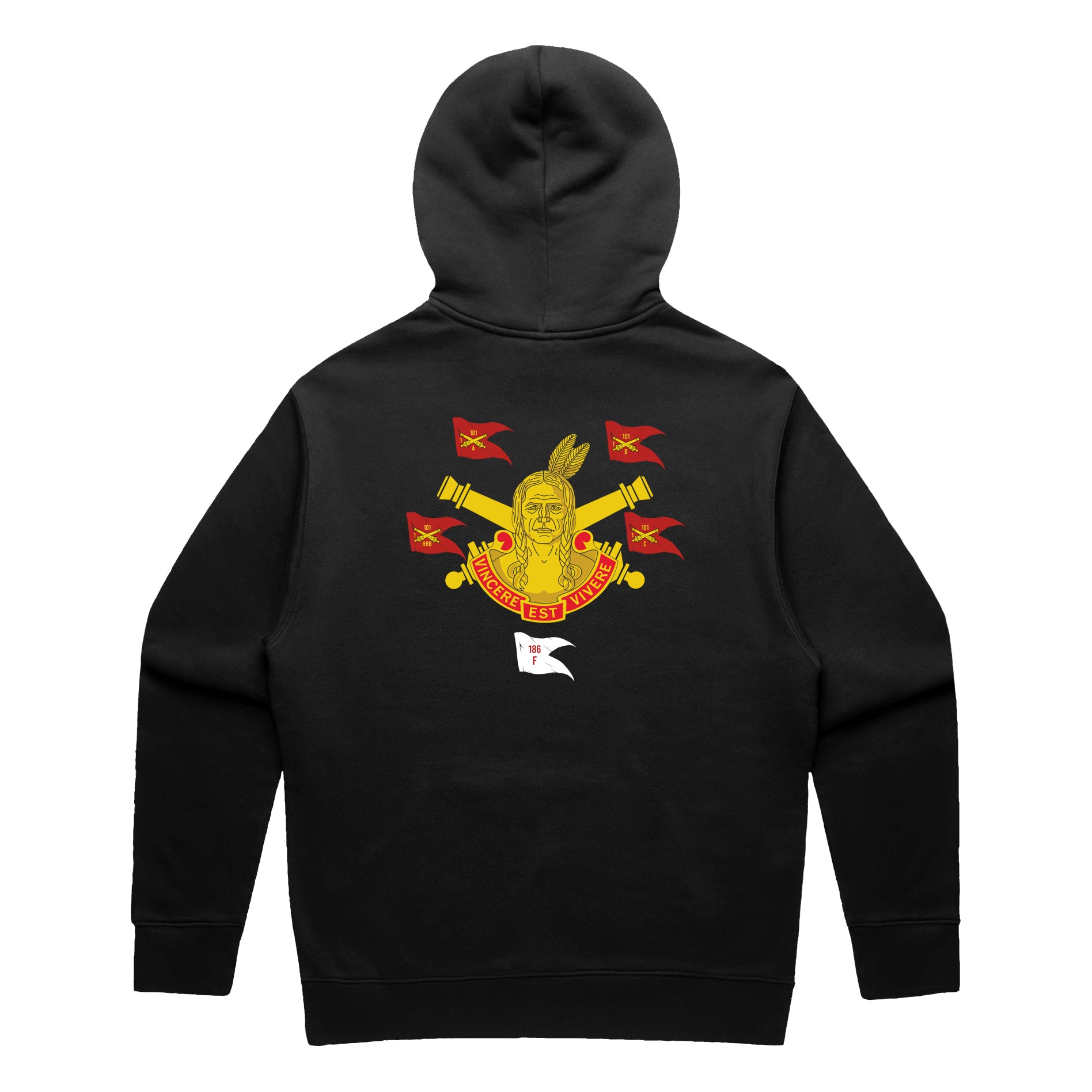Back view of a black pullover hoodie featuring the 101st Field Artillery Regiment heritage graphic. The design includes a central figure of a Native American warrior, crossed artillery cannons, and multiple red guidons marked '101.' A red banner at the bottom reads 'VINCERE EST VIVERE' and a small white flag below shows '186 F'.