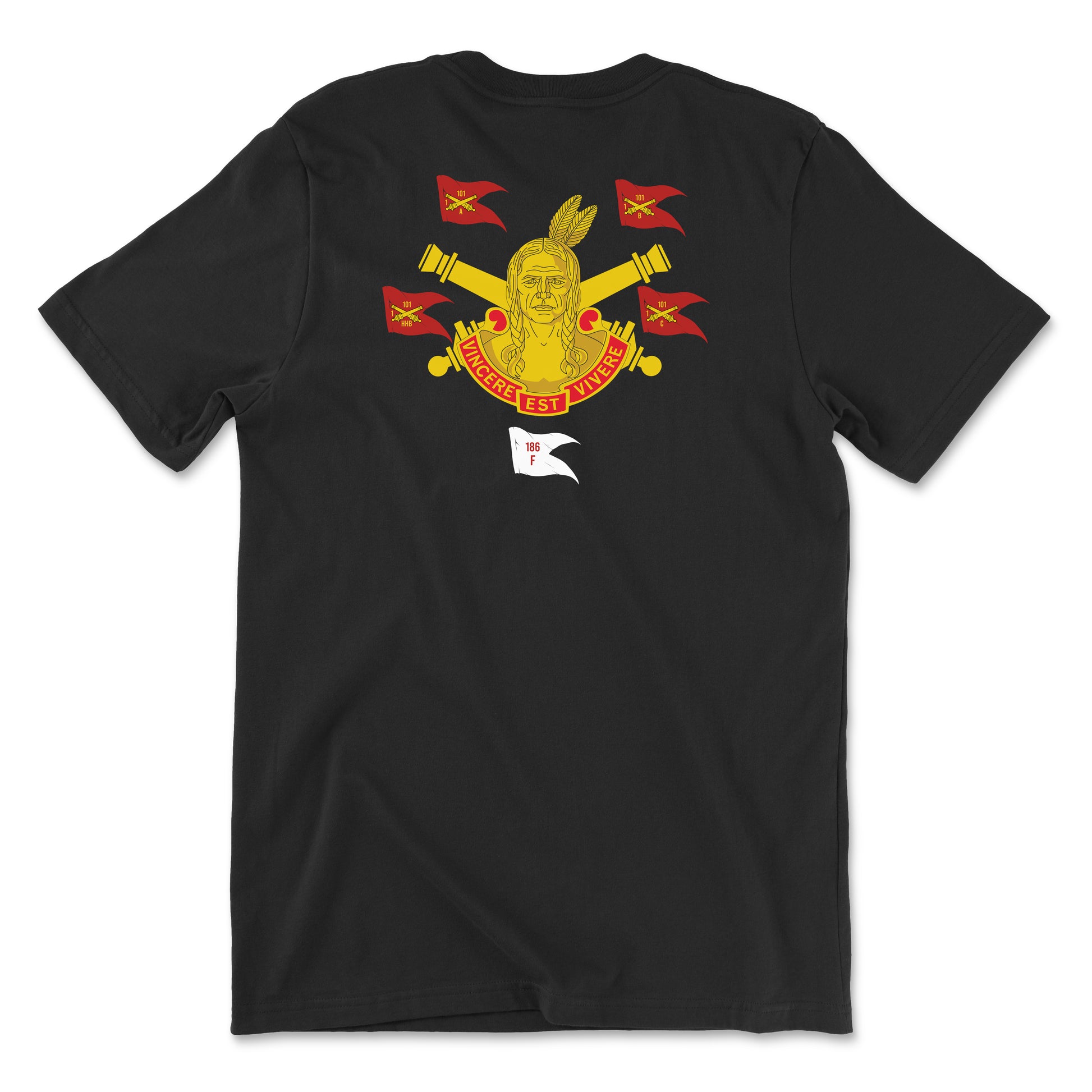 Back view of a black t-shirt featuring the 101st Field Artillery Regiment heritage graphic. The design includes a central figure of a Native American warrior, crossed artillery cannons, and multiple red guidons marked '101.' A red banner at the bottom reads 'VINCERE EST VIVERE' and a small white flag below shows '186 F'.