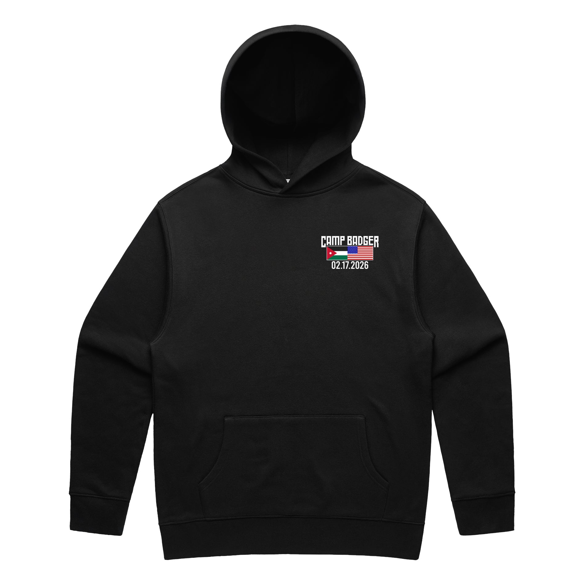 Front view of a black pullover hoodie for the Camp Badger Lunar New Year 5K. The left chest features a small graphic with the text 'CAMP BADGER' above the date '02.17.2026.' The design includes the national flags of Jordan and the United States side-by-side.