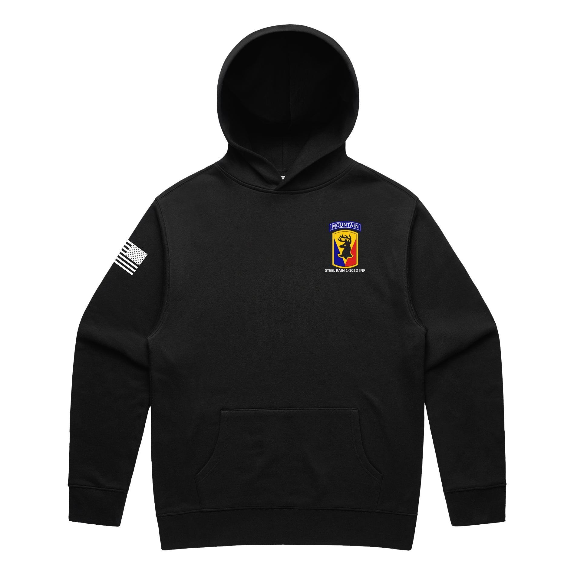 Front view of a black pullover hoodie for the 1st Battalion, 102nd Infantry Regiment (1-102D INF). The left chest features a yellow unit crest with a red stag silhouette and a 'MOUNTAIN' tab above it. The text 'STEEL RAIN 1-102D INF' is printed below the insignia. A white American flag patch is displayed on the right sleeve.