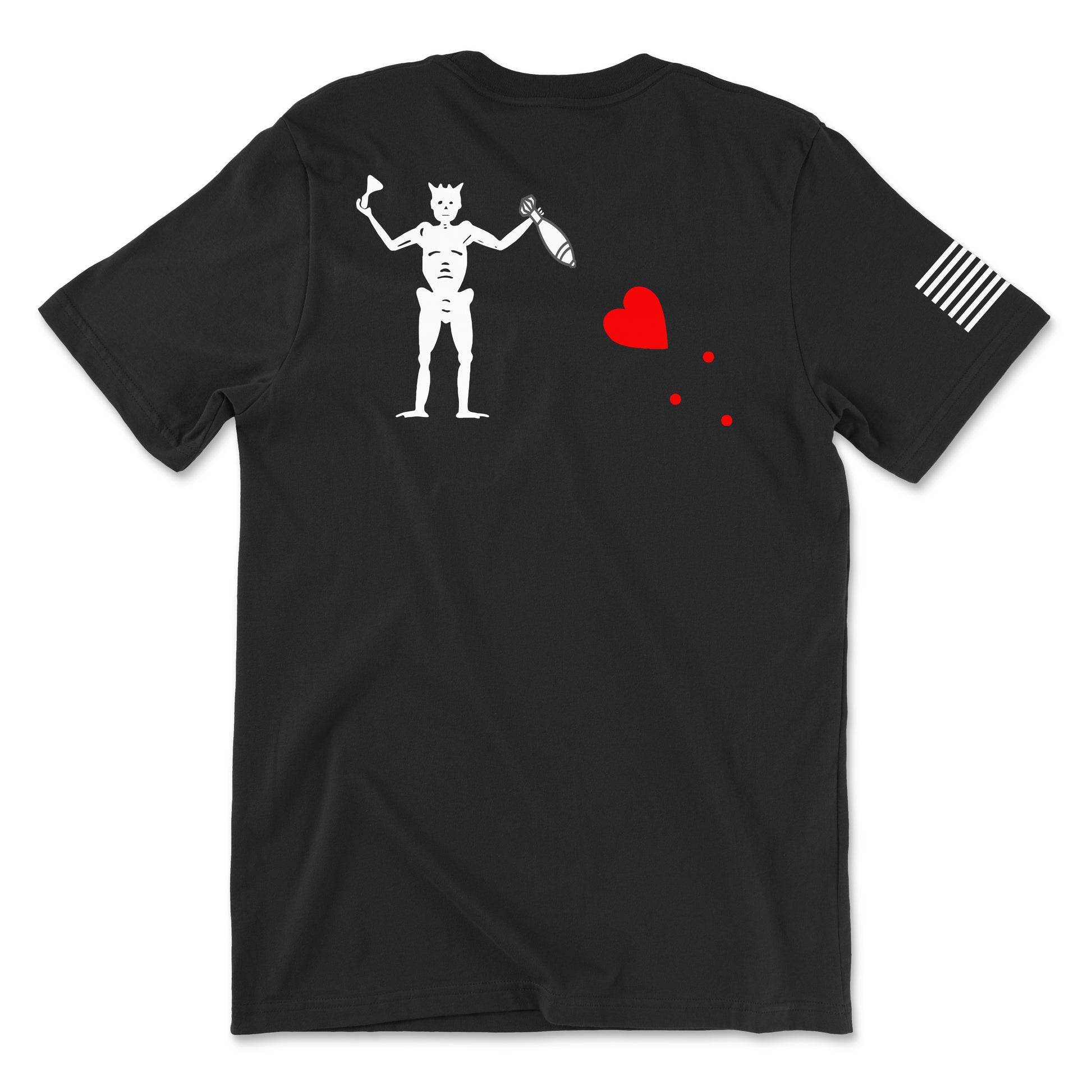 Back view of a black t-shirt featuring a white 'Blackbeard' pirate flag graphic. The design shows a skeleton holding an hourglass in one hand and a spear pointing toward a red heart with blood drops in the other. A white American flag patch is visible on the right sleeve.