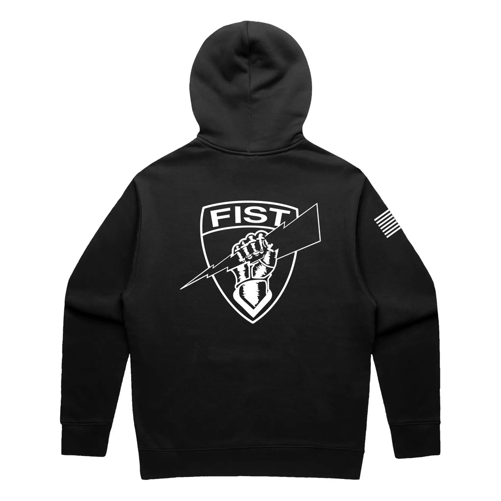 Black pullover hoodie with a graphic print of a fist and the text 'FIST' on the back