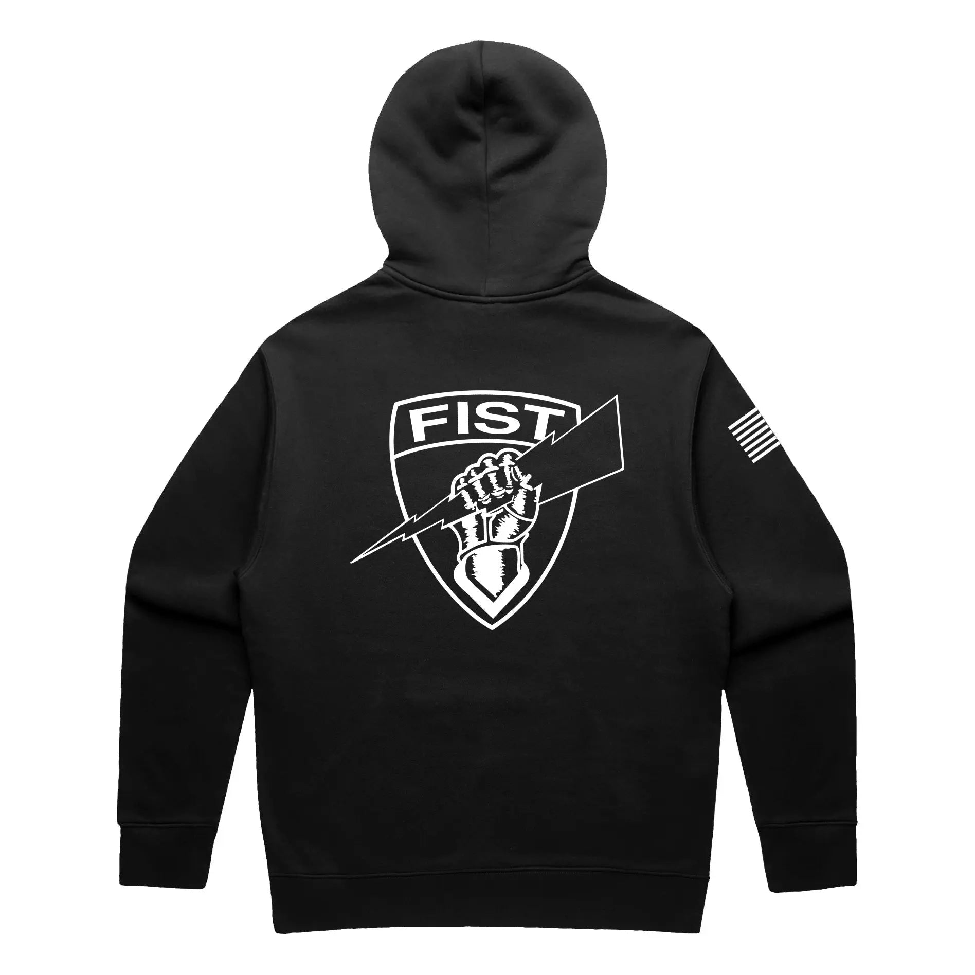 Black pullover hoodie with a graphic print of a fist and the text 'FIST' on the back
