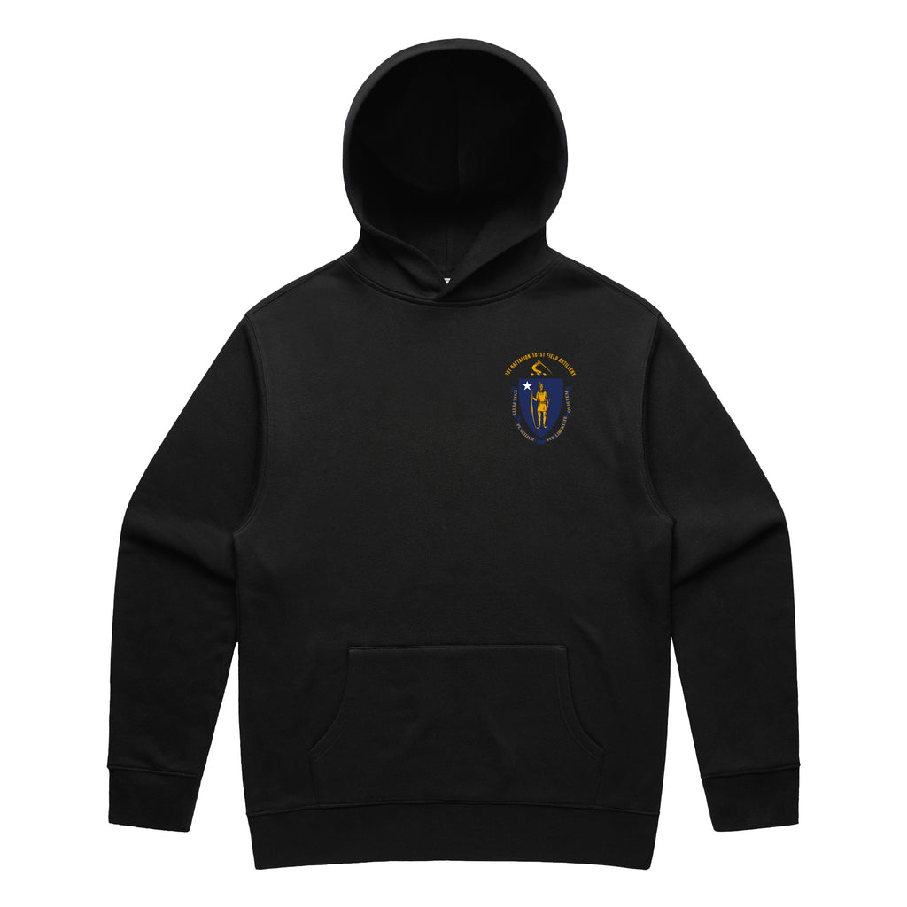 Front view of a black pullover hoodie for the 1st Battalion, 101st Field Artillery Regiment. The design features a circular unit crest on the left chest with the text '1st Battalion 101st Field Artillery' and the Massachusetts state coat of arms at the center.