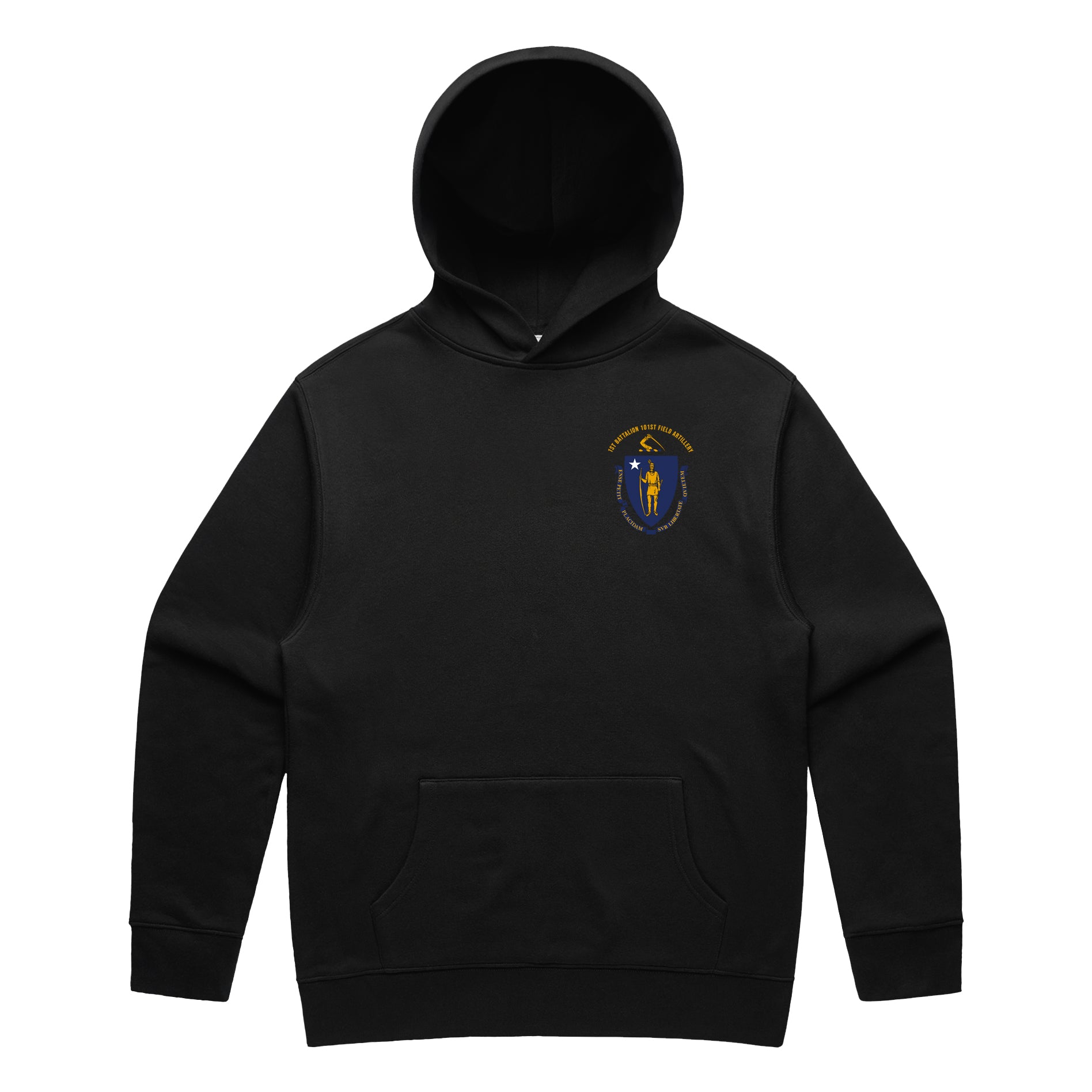 Front view of a black pullover hoodie for the 1st Battalion, 101st Field Artillery Regiment. The design features a circular unit crest on the left chest with the text '1st Battalion 101st Field Artillery' and the Massachusetts state coat of arms at the center.