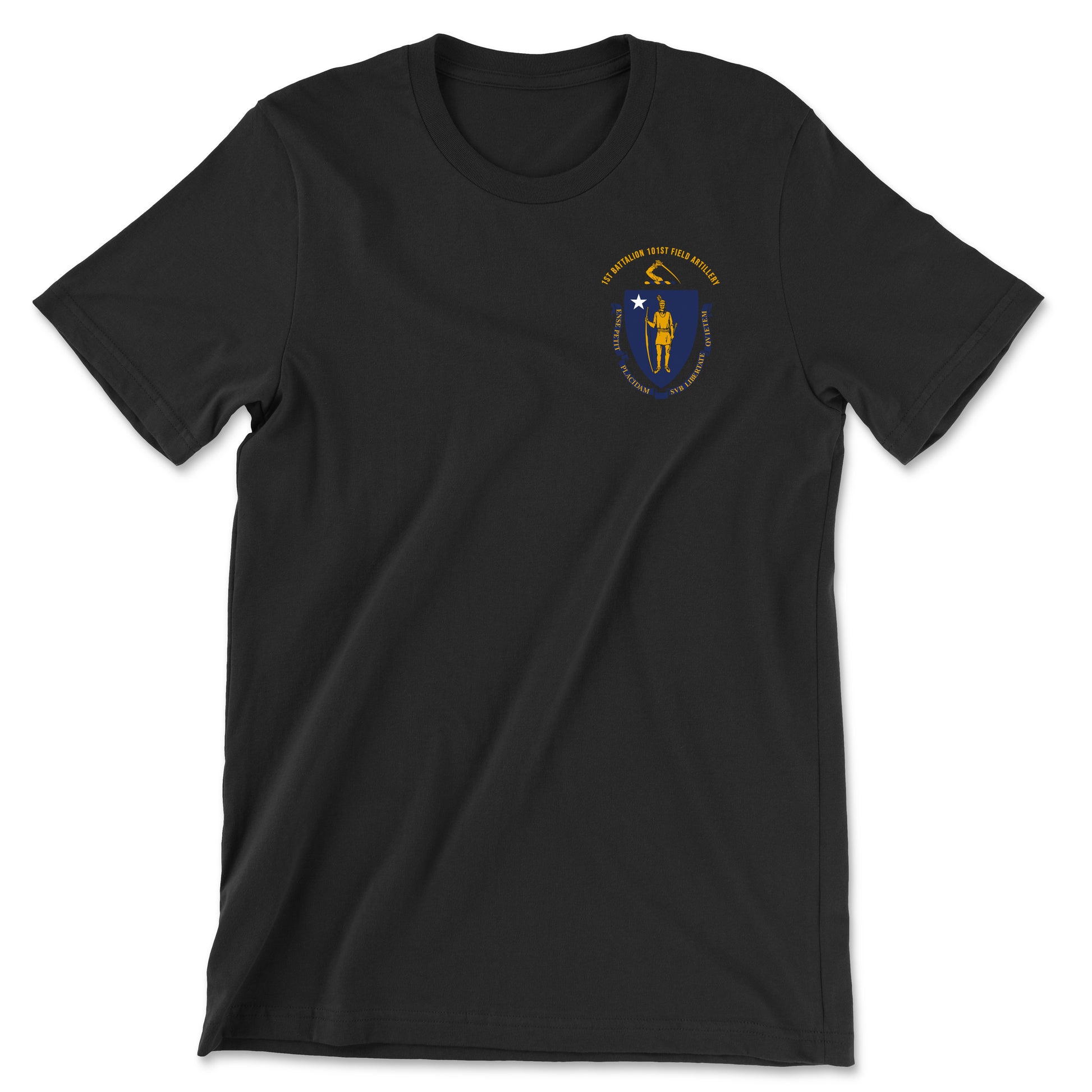 Front view of a black t-shirt for the 1st Battalion, 101st Field Artillery Regiment. The design features a circular unit crest on the left chest with the text '1st Battalion 101st Field Artillery' and the Massachusetts state coat of arms at the center.