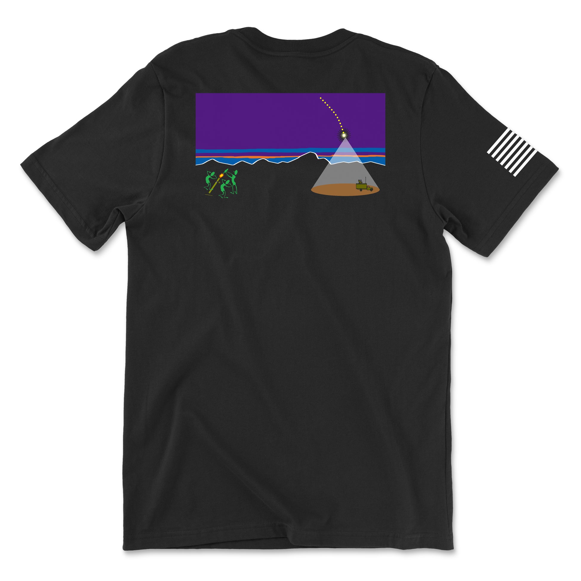 Back view of a black t-shirt featuring a rectangular graphic parodying the Patagonia logo. The design shows a purple night sky over mountain silhouettes with a dotted line representing a mortar trajectory arc between a vehicle and a group of soldiers. A white American flag patch is visible on the right sleeve.