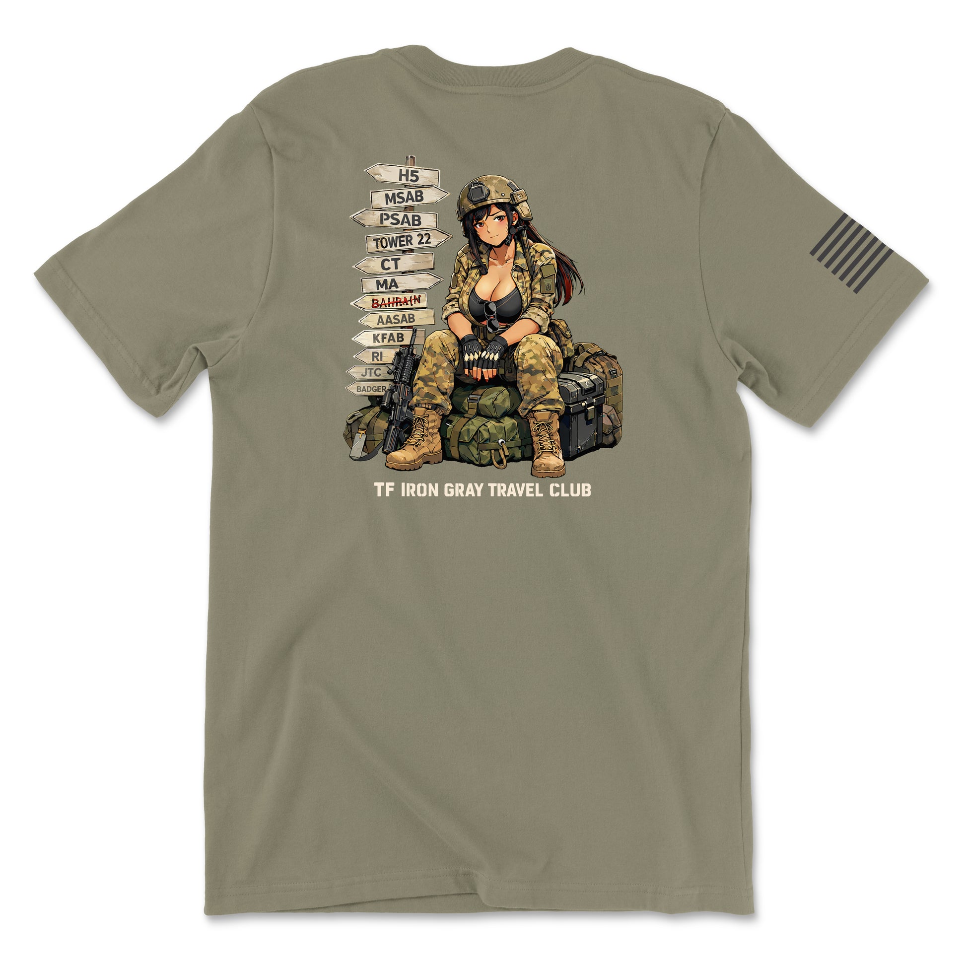 Back view of a coyote brown t-shirt for Task Force Iron Gray. The central graphic features an anime-style woman in military uniform and tactical gear sitting on a pile of rucksacks. To her left is a signpost listing locations including H5, MSAB, PSAB, Tower 22, and Bahrain. Below the graphic, the text reads 'TF IRON GRAY TRAVEL CLUB.' A subdued American flag patch is visible on the right sleeve.