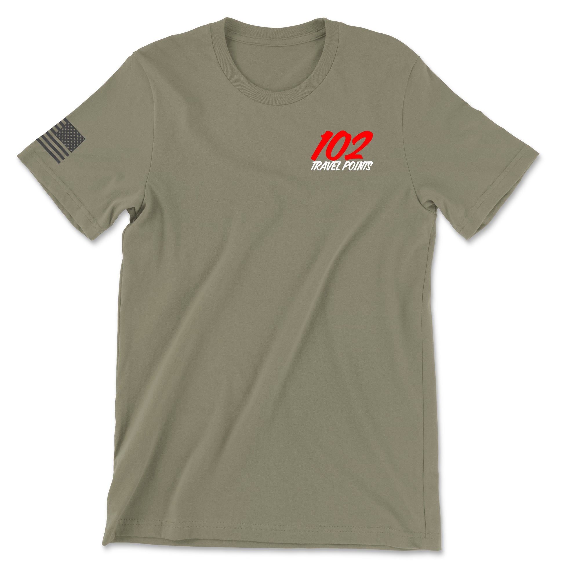 Front view of a coyote brown t-shirt for Task Force Iron Gray. The left chest features the number '102' in red italicized text above the words 'TRAVEL POINTS' in white, with a blue infantry disc below. A subdued American flag patch is displayed on the right sleeve.